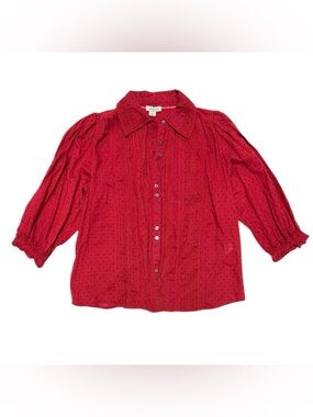 Sundance Women’s Red Ruched Crossover Stretch Collared Button Up Top Size Small
